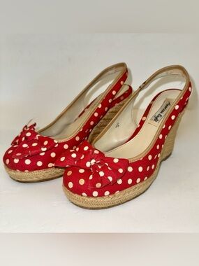 Red White Polka Dot Bow Sling Back Closed Toe Wedge High Heels, Sz 7